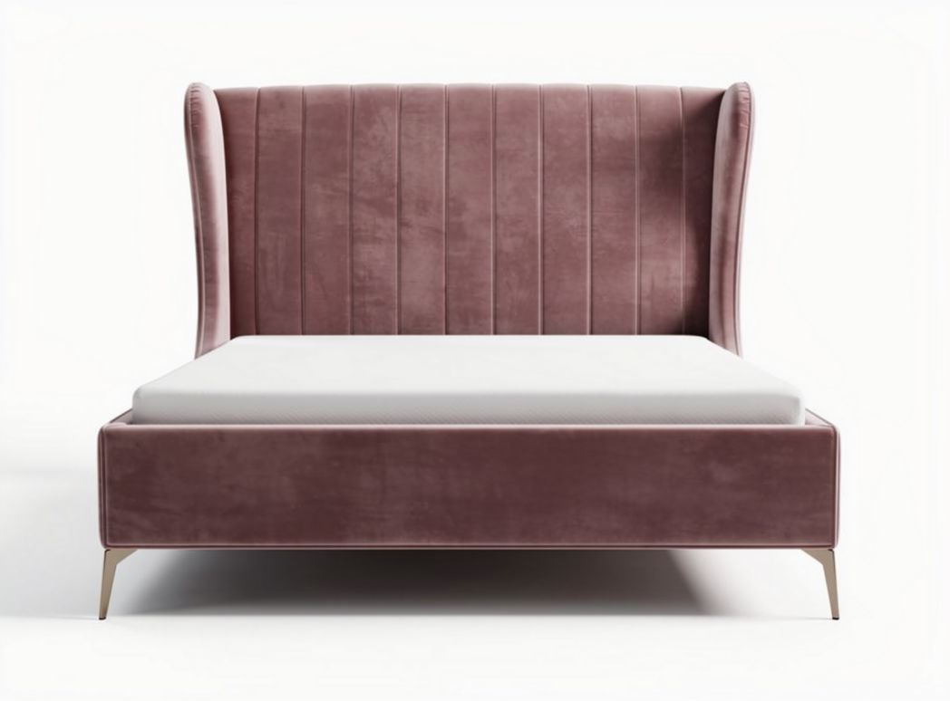 Strak gestoffeerd bed met hoge rugleuning van roze polyester 200 x 160 x 100cm