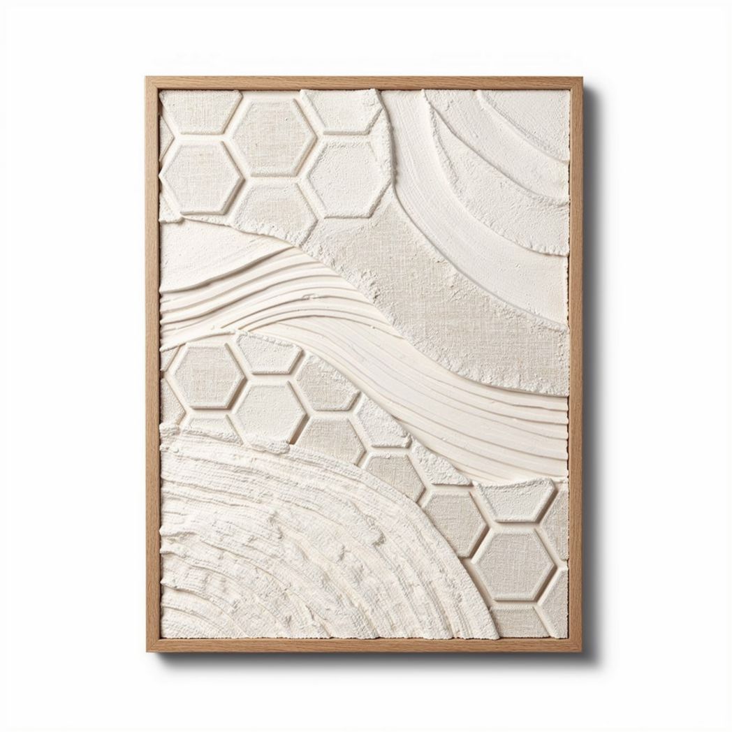 Geweven wanddecoratie met hexagonaal en golven ontwerp in wit 40 x 30 x 3cm
