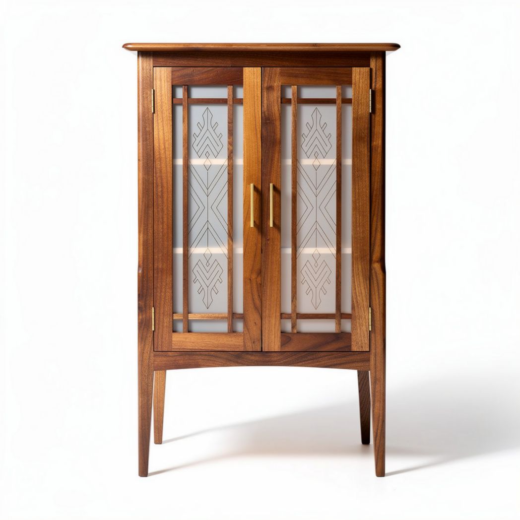 Buffetkast van hout met glazen deuren en geometrische patronen 80 x 40 x 130cm
