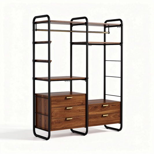 Kledingrek van metaal en hout met lades en planken 120 x 40 x 180cm
