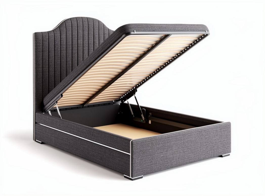 Opbergbed met gestoffeerde hoofdbord en gasveren in antraciet 200 x 150 x 100cm
