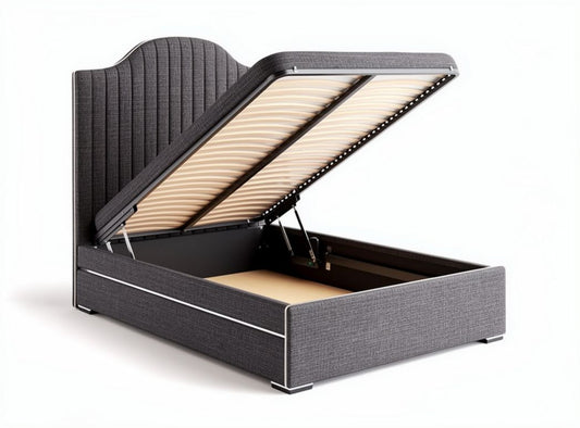 Opbergbed met gestoffeerde hoofdbord en gasveren in antraciet 200 x 150 x 100cm