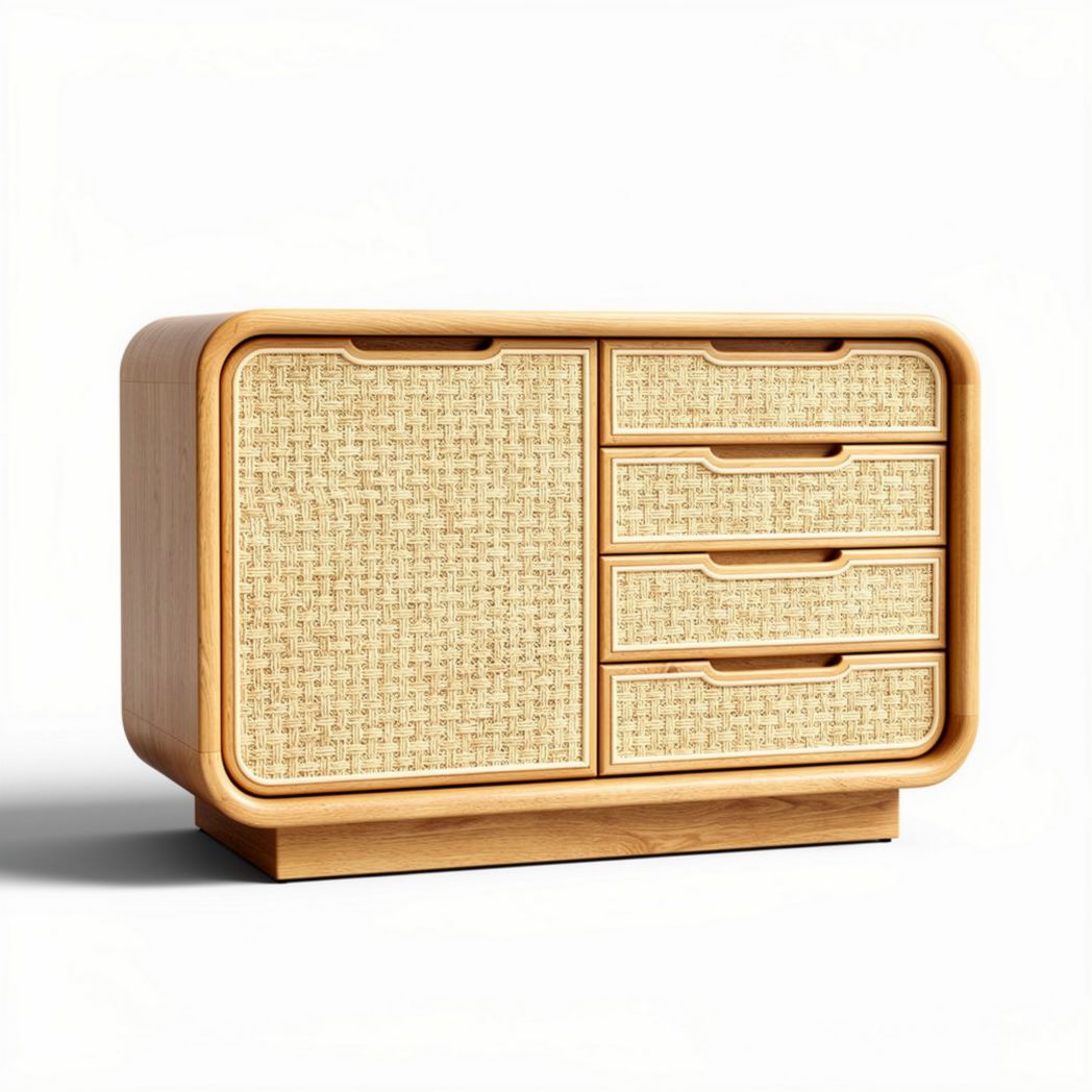 Houten kast met rotan deuren en lades 80 x 40 x 50cm voor opslag