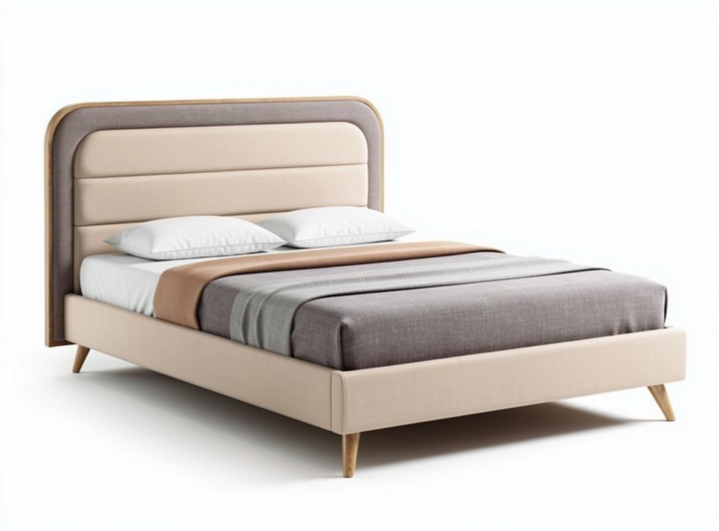 Bed met gestoffeerde hoofdbord in beige en grijs 200 x 160 x 100cm
